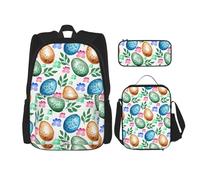 njkhbolk Zainetto 3 in 1 con stampa di uova di Pasqua con borsa per il pranzo e astuccio, adatto per lavoro, picnic, viaggi, nero, Taglia unica