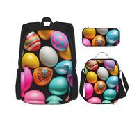 njkhbolk Zainetto 3 in 1 con stampa di uova di Pasqua con borsa per il pranzo e astuccio, adatto per lavoro, picnic, viaggi, nero, Taglia unica