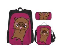 njkhbolk Zaino 3 in 1 con stampa animata di cinghiale che salta, con borsa per il pranzo e astuccio, adatto per lavoro, picnic, viaggi, nero, Taglia unica