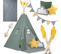 Nukido, Teepee - Tenda per bambini, verde, con ghirlanda, cuscini, tappetino grande, stabilizzatore