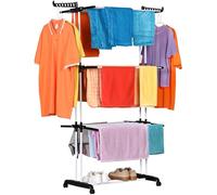 NK Stendino Verticale Salvaspazioa 4 Livelli - 6 Ripiani Retrattili + 2 Ali Laterali con Supporto per Grucce + Scarpiera, Ruote a 360°, Colore Nero e Bianco (19m di Biancheria)