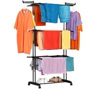 NK Stendino Verticale Salvaspazioa 4 Livelli - 6 Ripiani Retrattili + 2 Ali Laterali con Supporto per Grucce + Scarpiera, Ruote a 360°, Colore Nero (19m di Biancheria)