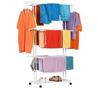 NK Stendino Verticale Salvaspazioa 4 Livelli - 6 Ripiani Retrattili + 2 Ali Laterali con Supporto per Grucce + Scarpiera, Ruote a 360°, Colore Bianco (19m di Biancheria)