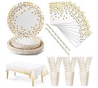 Nkaiso 126 Pezzi Bianco Oro Stoviglie per Feste,Happy Everyday Festa Decorazioni Set Include Piatti di Carta Tovaglioli Tazze di Carta Cannucce Tovaglia,per Nuziale Matrimonio,Compleanno(25 Ospiti)