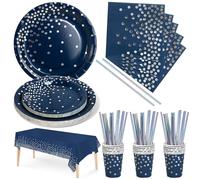 Nkaiso 126 Pezzi Blu Navy e Argento Stoviglie per Feste, Festa Decorazioni Set Include Piatti di Carta Tovaglioli Tazze di Carta Cannucce Tovaglia,per Nuziale Matrimonio,Compleanno -25 Ospiti