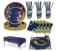Nkaiso 126 Pezzi Fiori Blu Stoviglie per Feste Festa Decorazioni Set Include Piatti di Carta Tovaglioli Tazze di Carta Cannucce Tovaglia per Compleanno Matrimonio -25 Ospiti