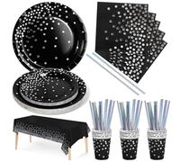 Nkaiso 126 Pezzi Nero e argento Stoviglie per Feste, Festa Decorazioni Set Include Piatti di Carta Tovaglioli Tazze di Carta Cannucce Tovaglia,per Nuziale Matrimonio,Compleanno -25 Ospiti
