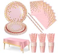 Nkaiso 126 Pezzi Rosso Oro Stoviglie per Feste, Festa Decorazioni Set Include Piatti di Carta Tovaglioli Tazze di Carta Cannucce Tovaglia,per Nuziale Matrimonio,Compleanno -25 Ospiti