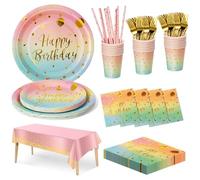Nkaiso Compleanno Stoviglie per Feste, 20 Ospiti Arcobaleno Oro Stoviglie Carta Set Include Piatti di Carta Tovaglioli Tazze Riutilizzabili Stoviglie Decorazioni per Feste per Bambini