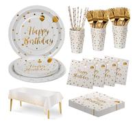 Nkaiso Compleanno Stoviglie per Feste, 20 Ospiti Bianco Oro Stoviglie Carta Set Include Piatti di Carta Tovaglioli Tazze Riutilizzabili Stoviglie Decorazioni per Feste per Bambini