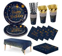 Nkaiso Compleanno Stoviglie per Feste, 20 Ospiti Blu Navy Oro Stoviglie Carta Set Include Piatti di Carta Tovaglioli Tazze Riutilizzabili Stoviglie Decorazioni per Feste per Bambini