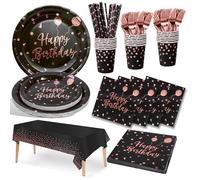 Nkaiso Compleanno Stoviglie per Feste, 20 Ospiti Nero e Rosa Oro Stoviglie Carta Set Include Piatti di Carta Tovaglioli Tazze Riutilizzabili Stoviglie Decorazioni per Feste per Bambini