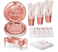 Nkaiso Compleanno Stoviglie per Feste, 20 Ospiti Oro Rosa Stoviglie Carta Set Include Piatti di Carta Tovaglioli Tazze Riutilizzabili Stoviglie Decorazioni per Feste per Bambini