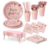 Nkaiso Compleanno Stoviglie per Feste, 20 Ospiti Rosa e Rosa Oro Stoviglie Carta Set Include Piatti di Carta Tovaglioli Tazze Riutilizzabili Stoviglie Decorazioni per Feste per Bambini