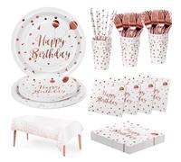Nkaiso Compleanno Stoviglie per Feste, 20 Ospiti Rosa Oro Stoviglie Carta Set Include Piatti di Carta Tovaglioli Tazze Riutilizzabili Stoviglie Decorazioni per Feste per Bambini