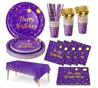 Nkaiso Compleanno Stoviglie per Feste, 20 Ospiti Violaceo Oro Stoviglie Carta Set Include Piatti di Carta Tovaglioli Tazze Riutilizzabili Stoviglie Decorazioni per Feste per Bambini