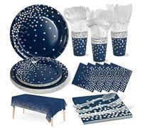 Nkaiso Compleanno Stoviglie per Feste Blu Navy e Argento 141 Pezzi Stoviglie per Feste di Compleanno per Bambini Include Piatti di Carta Tovaglioli Tazze Riutilizzabile stoviglie -20 Ospiti