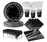 Nkaiso Compleanno Stoviglie per Feste Nero e argento 141 Pezzi Stoviglie Carta Set Include Piatti di Carta Tovaglioli Tazze Riutilizzabile stoviglie -20 Ospiti