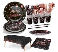 Nkaiso Compleanno Stoviglie per Feste Nero e Rosa Oro 161 Pezzi Stoviglie Carta Set Include Piatti di Carta Tovaglioli Tazze di Carta Riutilizzabili Stoviglie -20 Ospiti