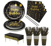 Nkaiso Compleanno Stoviglie per feste Nero Oro 121 Pezzi Carta Set Include Piatti Tovaglioli Tazze Forniture per la Decorazione di feste -24 Ospiti
