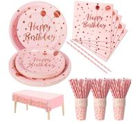 Nkaiso Compleanno Stoviglie per feste Rosa e Rosa Oro 121 Pezzi Carta Set Include Piatti Tovaglioli Tazze Forniture per la Decorazione di feste -24 Ospiti