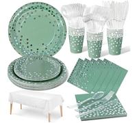 Nkaiso Compleanno Stoviglie per Feste Verde erba e argento 141 Pezzi Stoviglie per Feste di Compleanno per Bambini Include Piatti di Carta Tovaglioli Tazze Riutilizzabile stoviglie -20 Ospiti