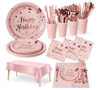 Nkaiso Compleanno Stoviglie Rosa e Rosa Oro 161 Pezzi Set Include Piatti, Tovaglioli, Tazze di Carta, Adatto a Tutti i tipi di Feste a Tema -20 Ospiti