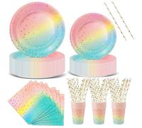 Nkaiso Stoviglie Per Feste 120 Pezzi Arcobaleno Oro Festa della Addobbi Ragazza di Compleanno dei Dambini Festa Posate set Include Piatto Usa e Getta di Carta Party Tovaglioli Posate -24 Ospiti