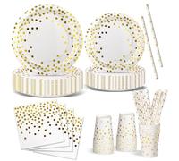 Nkaiso Stoviglie Per Feste 120 Pezzi Bianco Oro Festa della Addobbi Ragazza di Compleanno dei Dambini Festa Posate set Include Piatto Usa e Getta di Carta Party Tovaglioli Posate -24 Ospiti