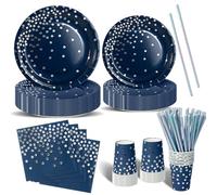 Nkaiso Stoviglie Per Feste 120 Pezzi Blu Navy e Argento Festa della Addobbi Ragazza di Compleanno dei Dambini Festa Posate set Include Piatto Usa e Getta di Carta Party Tovaglioli Posate -24 Ospiti