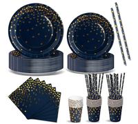 Nkaiso Stoviglie Per Feste 120 Pezzi Blu Navy Oro Festa della Addobbi Ragazza di Compleanno dei Dambini Festa Posate set Include Piatto Usa e Getta di Carta Party Tovaglioli Posate -24 Ospiti