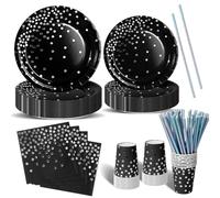 Nkaiso Stoviglie Per Feste 120 Pezzi Nero e argento Festa della Addobbi Ragazza di Compleanno dei Dambini Festa Posate set Include Piatto Usa e Getta di Carta Party Tovaglioli Posate -24 Ospiti
