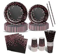 Nkaiso Stoviglie Per Feste 120 Pezzi Nero e Oro Rosa Festa della Addobbi Ragazza di Compleanno dei Dambini Festa Posate set Include Piatto Usa e Getta di Carta Party Tovaglioli Posate -24 Ospiti