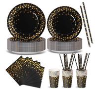 Nkaiso Stoviglie Per Feste 120 Pezzi Nero Oro Festa della Addobbi Ragazza di Compleanno dei Dambini Festa Posate set Include Piatto Usa e Getta di Carta Party Tovaglioli Posate -24 Ospiti
