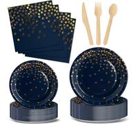 Nkaiso Stoviglie Per Feste 144 Pezzi Blu Navy Oro Festa della Addobbi Ragazza di Compleanno dei Dambini Festa Posate set Include Piatto di Carta Party Tovaglioli Posate -24 Ospiti