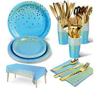 Nkaiso Stoviglie per Feste Cielo Blu Oro 141 Pezzi Stoviglie Carta Set Include Piatti di Carta Tovaglioli Tazze Riutilizzabile Posate, per Nuziale Doccia, Matrimonio, Compleanno(20 Ospiti)