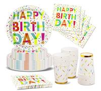 Nkaiso Stoviglie per Feste di Compleannom, 96 Pezzi Stoviglie per Compleanno Bambini Set Piatti Carta Colorati Compleanno per Piatti Bicchieri Tovaglioli Feste Compleanno Decorazioni -24 Ospiti