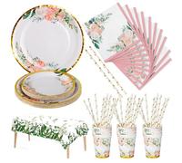 Nkaiso Stoviglie per Feste Fiori 126 Pezzi Set Include Piatti, Tovaglioli, Tazze di Carta - Per Baby Shower, Matrimoni, Feste Di Compleanno - 25 Ospiti