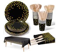 Nkaiso Stoviglie per Feste Oro Nero 141 Pezzi Stoviglie Carta Set Include Piatti di Carta Tovaglioli Tazze di Carta stoviglie, per Nuziale Doccia, Fidanzamento, Matrimonio, Compleanno(20 Ospiti)