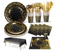 Nkaiso Stoviglie per Feste Oro Nero 141 Pezzi Stoviglie Carta Set Include Piatti di Carta Tovaglioli Tazze Riutilizzabile Posate, per Nuziale Doccia, Matrimonio, Compleanno(20 Ospiti)