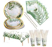 Nkaiso Stoviglie per Feste Verde 121 Pezzi Piatti Di Carta Verde Salvia e Bicchieri, Piatti Per Baby Shower Tazze Tovaglioli, Per Feste Di Compleanno Tea Party Compleanno Matrimoni- 24 Ospiti