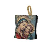 NKlaus Borsa per rosario, Maria in abito azzurro con bambino, 6,6 x 7,2 cm | Ricamato oro con cerniera e passante, astuccio religioso per preghiera e cavalcare