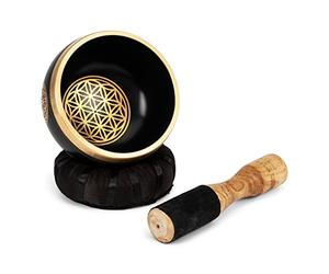 NKlaus set ciotola da canto fiore della vita in oro nero Fabre con batacchio e cuscino da meditazione 2670