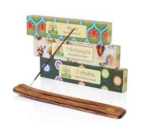 NKlaus Set di bastoncini di incenso, 7 chakra, 7 arcetti e mirra (Namaste India) + supporto in legno | incenso naturale spirituale per meditazione e equilibrio