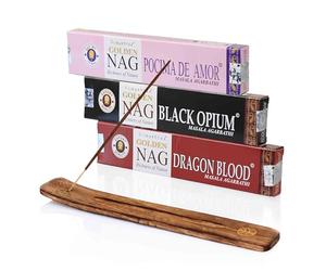 NKlaus Set di bastoncini di incenso - Golden Nag Dragon Blood, Black Opium & Pócima de Amor + supporto in legno | 3 incenso Masala per amore, misticismo e sensualità