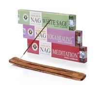 NKlaus Set di bastoncini di incenso - Golden Nag White Sage, Yoga Healing & Meditation + supporto | 3 incensi indiani per equilibrio, consapevolezza e yoga