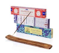 NKlaus Set di bastoncini di incenso, Satya Dragon's Blood, Goloka Lavanda & Namaste Copal White + supporto in legno, 3 incensi per relax e pulizia della stanza
