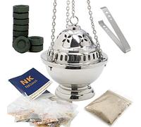 NKlaus set incensiere argentato con resine naturali carbone pinza ciotola rimovibile rituale meditazione spirituale fatto a mano altezza 14 cm ottone nichelato 2917