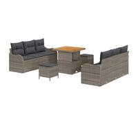 NKOPPFG Set di divani da giardino in polyrattan, 9 pezzi, grigio | Design modulare, 4 braccioli e 2 divani centrali, tasche portaoggetti, piedi regolabili, legno di acacia