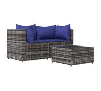 NKOPPFG Set salotto da giardino 3 pezzi con cuscini grigio polyrattan | Struttura in acciaio verniciato a polvere, piano del tavolo in vetro temperato, design modulare, portata 110 kg per seduta